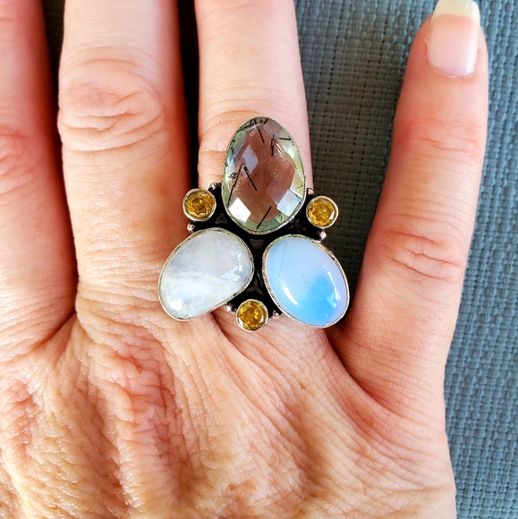 New Rutile Quartz, Opalite, Citrine & Rainbow Moonstone 925 Silver Ring. - Picture 13 of 14